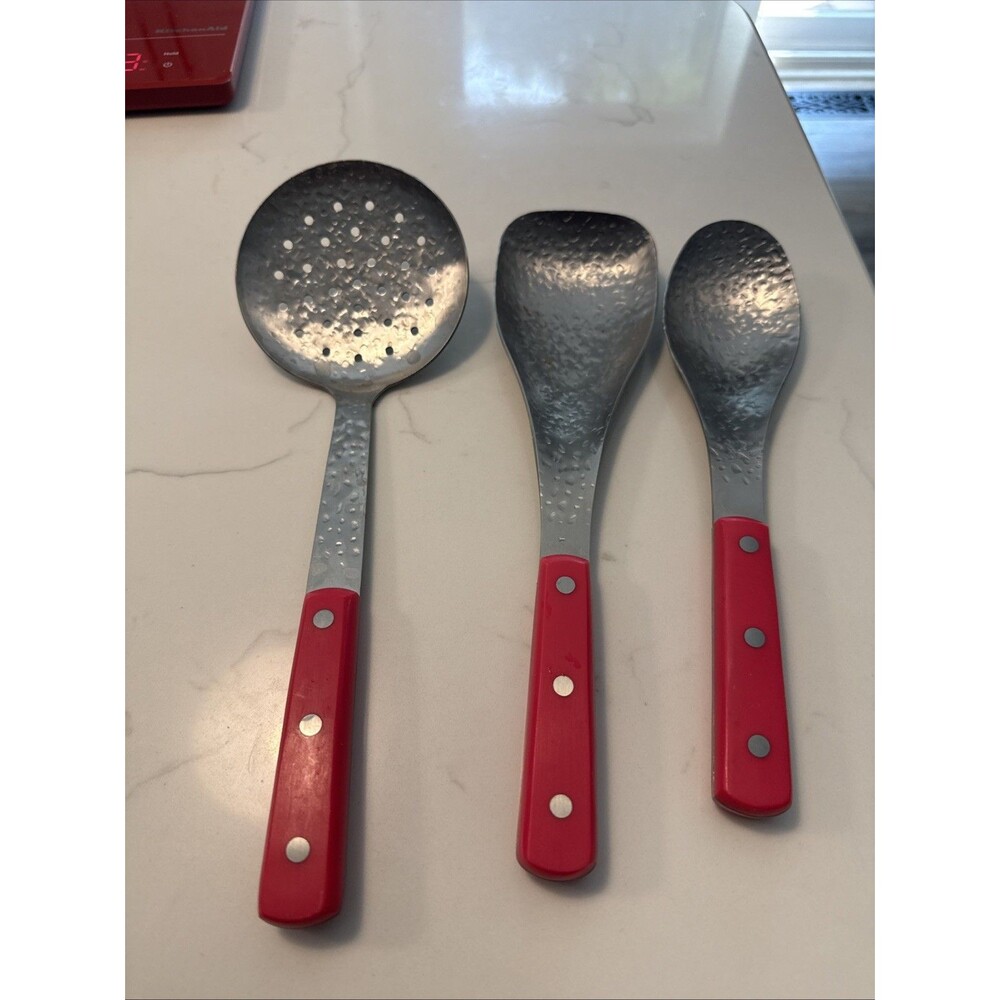 Mad Hungry Stainless Cooking Spoons Red Handles Set of 3
